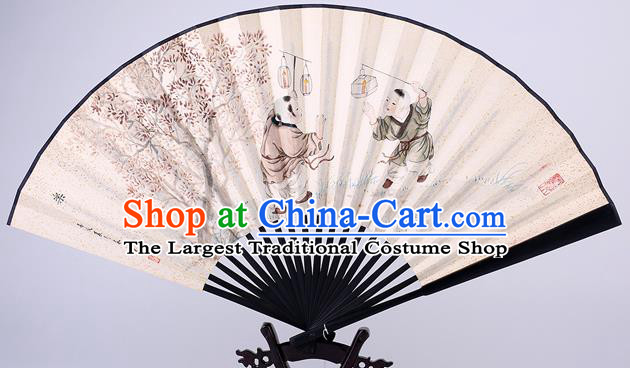 Traditional Chinese Handmade Printing Boys Paper Folding Fan China Wenge Accordion Fan Oriental Fan