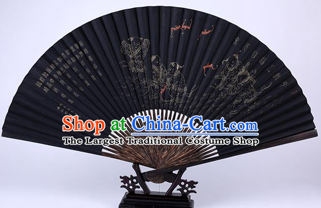 Traditional Chinese Handmade Printing Boys Black Paper Folding Fan China Bamboo Accordion Fan Oriental Fan