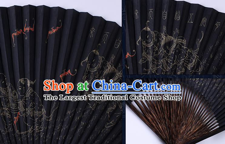 Traditional Chinese Handmade Printing Boys Black Paper Folding Fan China Bamboo Accordion Fan Oriental Fan
