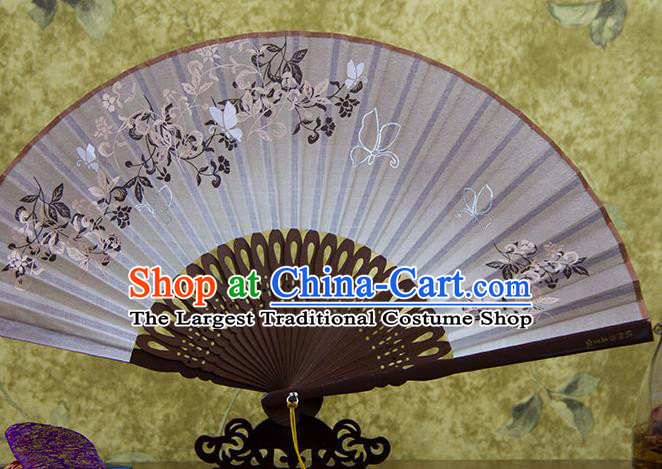 Traditional Chinese Printing Vine Flowers Brown Flax Fan China Bamboo Accordion Folding Fan Oriental Fan