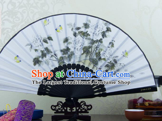 Traditional Chinese Printing Peony Grey Flax Fan China Bamboo Accordion Folding Fan Oriental Fan