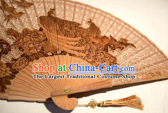 Traditional Chinese Hand Carving Peacock Sandalwood Fan China Accordion Folding Fan Oriental Fan