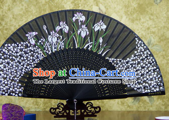 Traditional Chinese Printing Orchids Black Silk Fan China Bamboo Accordion Folding Fan Oriental Fan