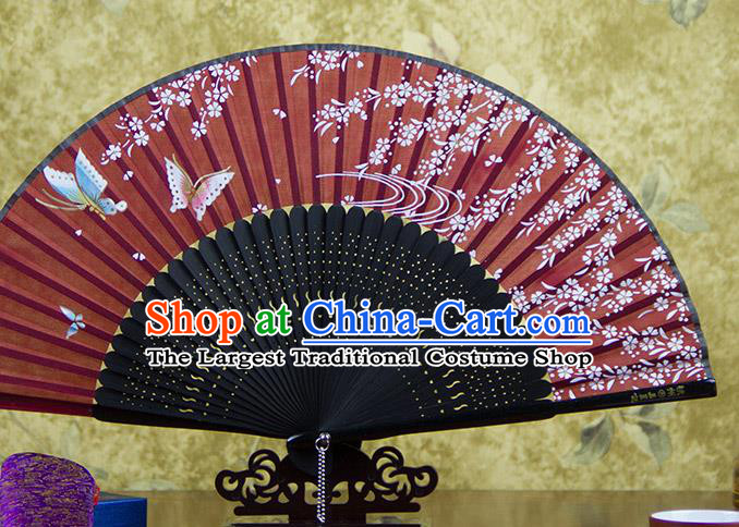 Traditional Chinese Printing Butterfly Purplish Red Silk Fan China Bamboo Accordion Folding Fan Oriental Fan