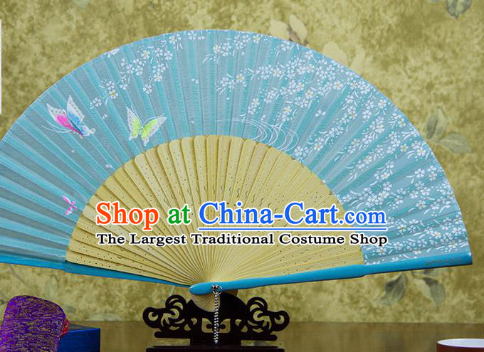 Traditional Chinese Printing Butterfly Blue Silk Fan China Bamboo Accordion Folding Fan Oriental Fan