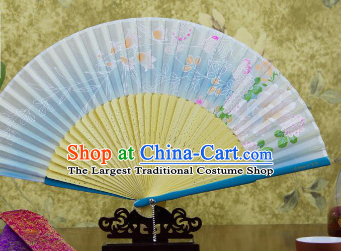 Traditional Chinese Printing Chrysanthemum Light Blue Silk Fan China Bamboo Accordion Folding Fan Oriental Fan