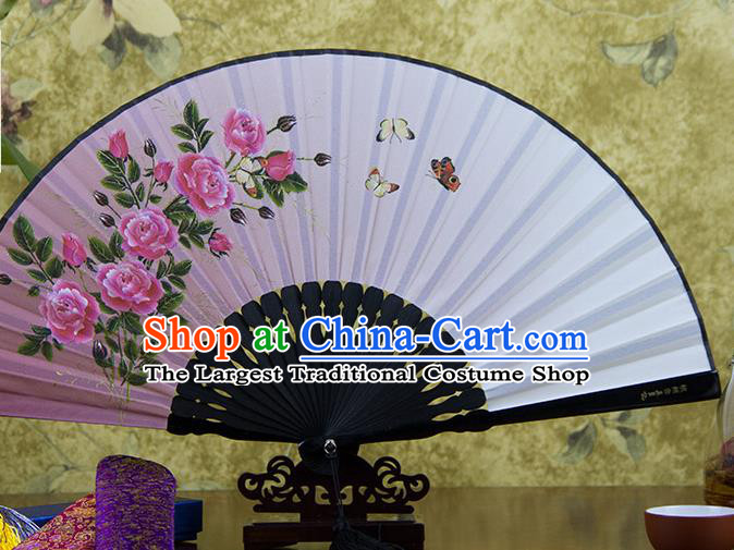 Traditional Chinese Printing Rose Pink Flax Fan China Bamboo Accordion Folding Fan Oriental Fan