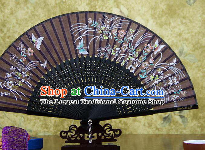 Traditional Chinese Printing Butterfly Brown Silk Fan China Bamboo Accordion Folding Fan Oriental Fan