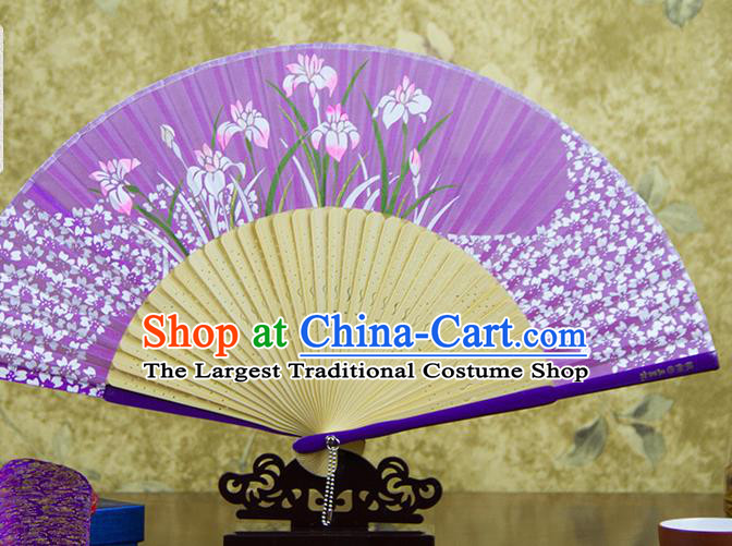 Traditional Chinese Printing Orchids Purple Silk Fan China Bamboo Accordion Folding Fan Oriental Fan