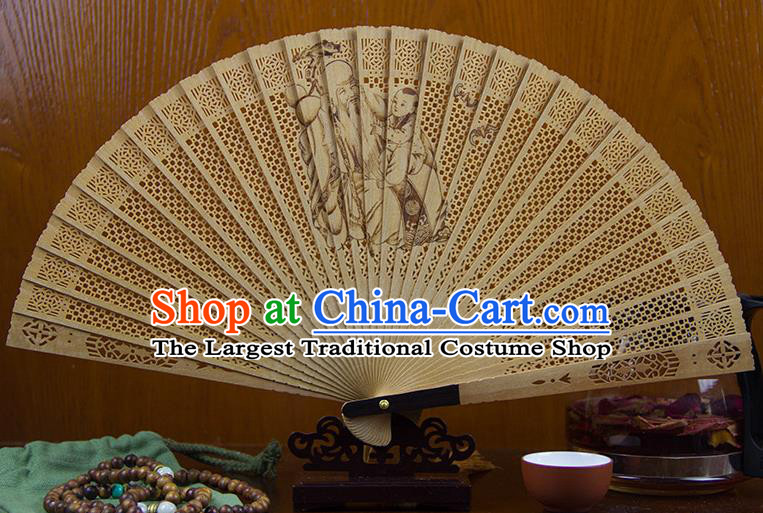 Traditional Chinese Hand Carving Longevity Immortal Sandalwood Fan China Wood Accordion Folding Fan Oriental Fan