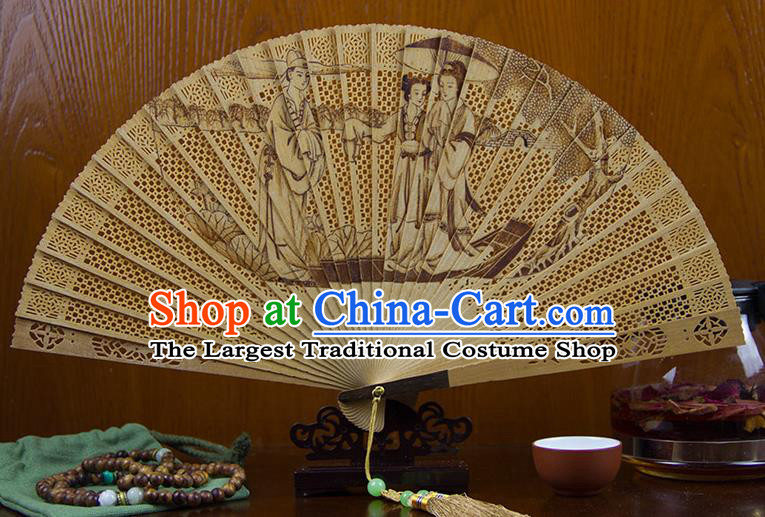 Traditional Chinese Hand Carving Madam White Snake Sandalwood Fan China Wood Accordion Folding Fan Oriental Fan