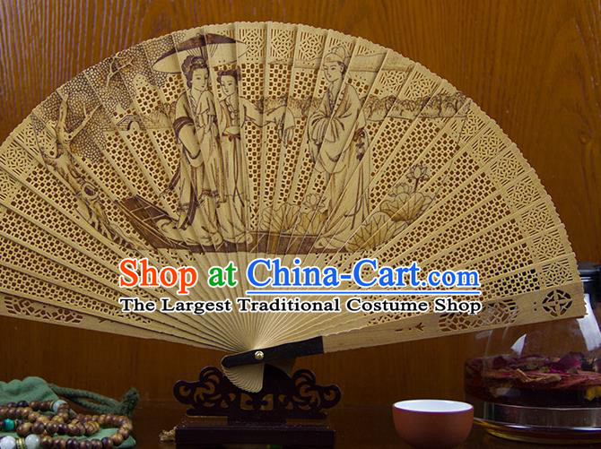 Traditional Chinese Hand Carving Madam White Snake Sandalwood Fan China Wood Accordion Folding Fan Oriental Fan