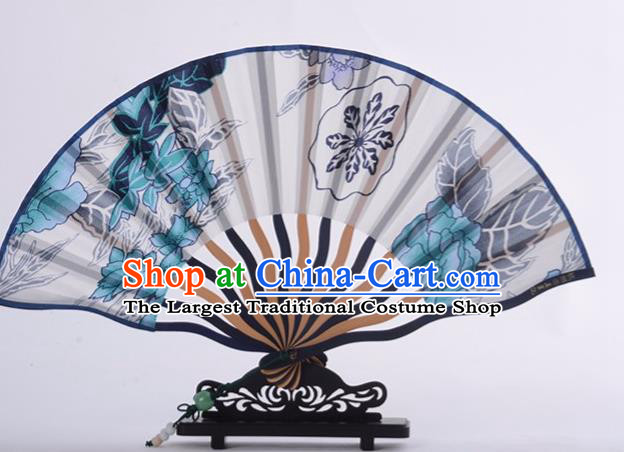 Traditional Chinese Printing Blue Peony Silk Fan China Bamboo Accordion Folding Fan Oriental Fan