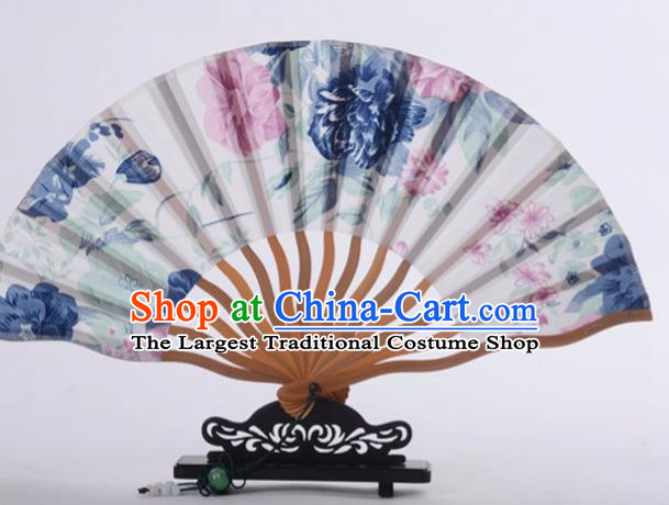 Traditional Chinese Printing Navy Peony Silk Fan China Bamboo Accordion Folding Fan Oriental Fan