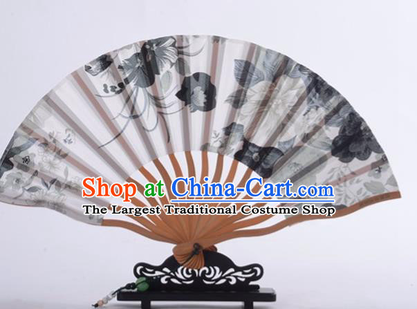 Traditional Chinese Printing Grey Peony Silk Fan China Bamboo Accordion Folding Fan Oriental Fan