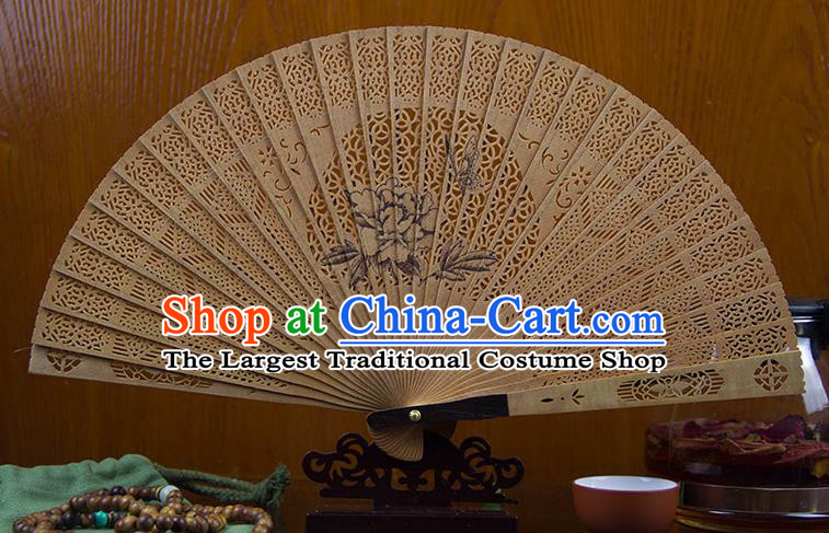 Traditional Chinese Hand Painting Peony Sandalwood Fan China Accordion Folding Fan Oriental Fan