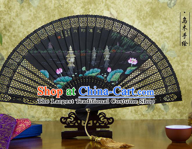 Traditional Chinese Hand Painting West Lake Ebony Fan China Accordion Folding Fan Oriental Fan