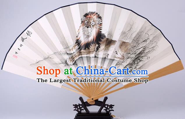Traditional Chinese Hand Painting Lion Paper Fan China Bamboo Accordion Folding Fan Oriental Fan