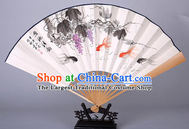 Traditional Chinese Handmade Ink Painting Grape Goldfish Paper Folding Fan China Accordion Fan Oriental Fan