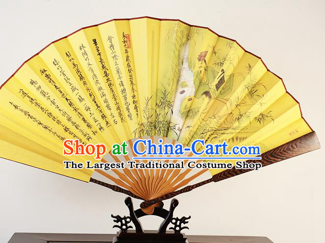 Traditional Chinese Hand Painting Lan Ting Preface Yellow Silk Fan China Accordion Folding Fan Oriental Fan