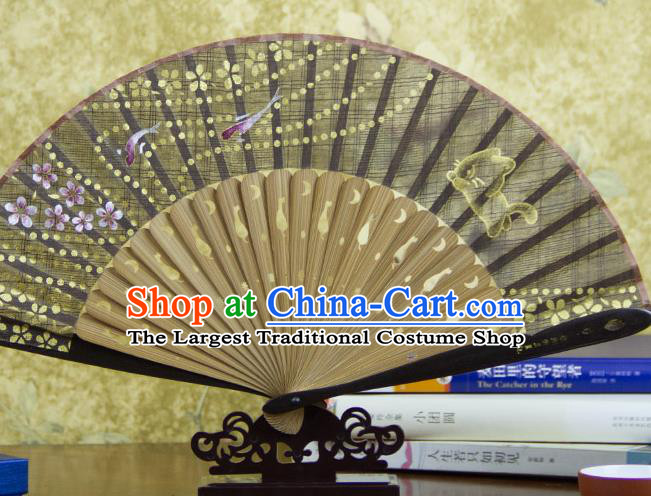 Traditional Chinese Printing Fishes Black Flax Fan China Bamboo Accordion Folding Fan Oriental Fan