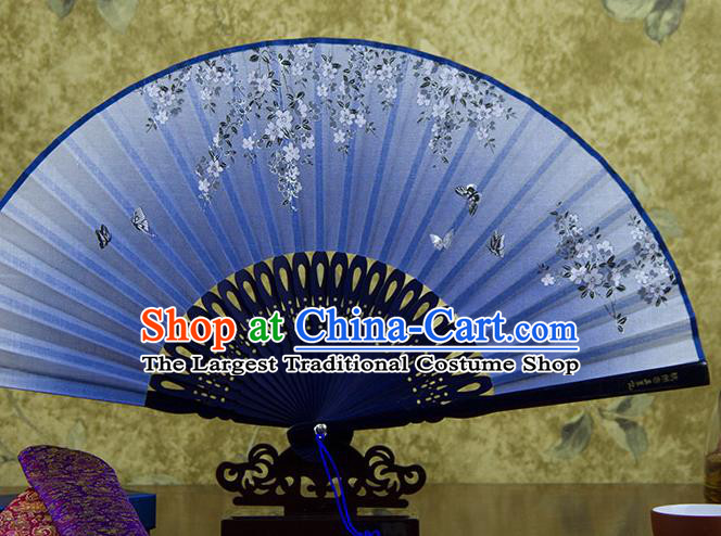 Traditional Chinese Printing Wisteria Butterfly Blue Flax Fan China Bamboo Accordion Folding Fan Oriental Fan