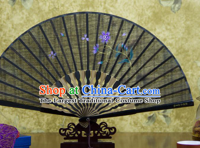 Traditional Chinese Printing Flower Black Flax Fan China Bamboo Accordion Folding Fan Oriental Fan