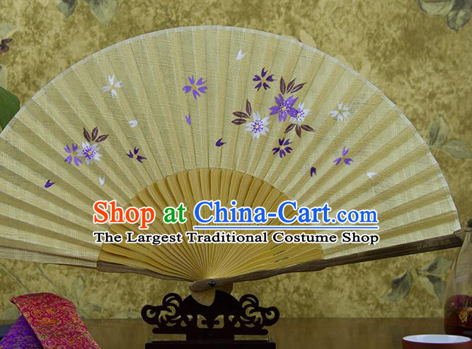 Traditional Chinese Printing Flower Light Yellow Flax Fan China Bamboo Accordion Folding Fan Oriental Fan