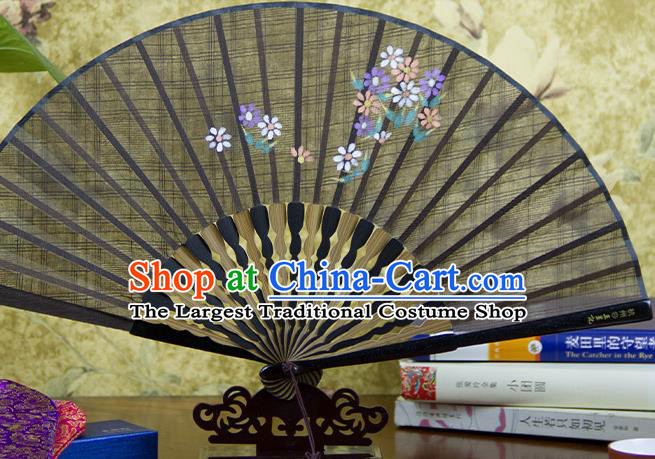 Traditional Chinese Printing Flower Brown Flax Fan China Bamboo Accordion Folding Fan Oriental Fan