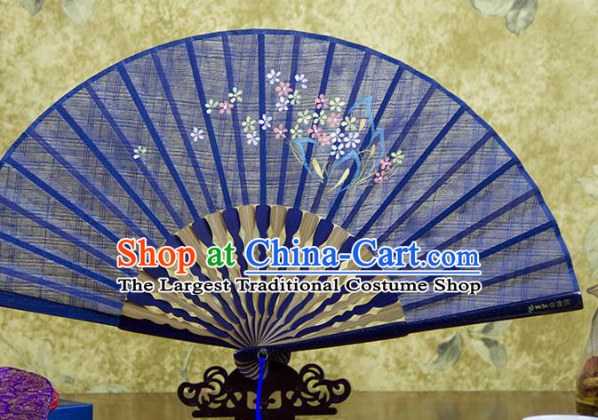 Traditional Chinese Printing Flowers Blue Flax Fan China Bamboo Accordion Folding Fan Oriental Fan