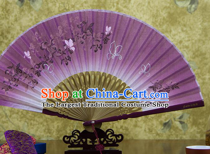 Traditional Chinese Printing Flowers Purple Flax Fan China Bamboo Accordion Folding Fan Oriental Fan
