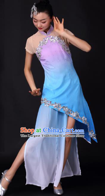Chinese Traditional Classical Dance Blue Qipao Dress China Umbrella Dance Stage Performance Costume for Women