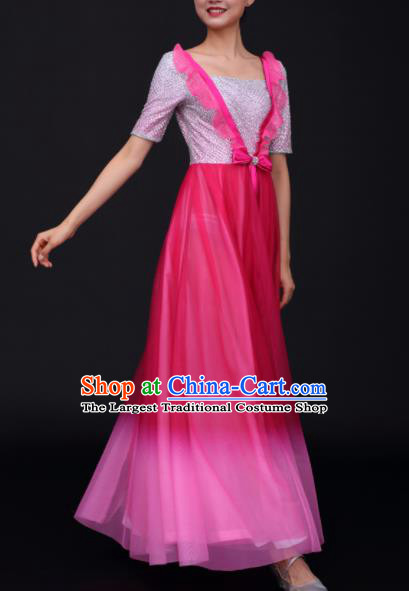 Chinese Traditional Opening Dance Chorus Rosy Dress China Modern Dance Stage Performance Costume for Women