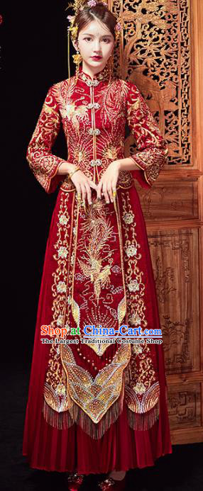 Chinese Traditional Purplish Red Xiuhe Suits Wedding Dress Ancient Bride Embroidered Costume for Women