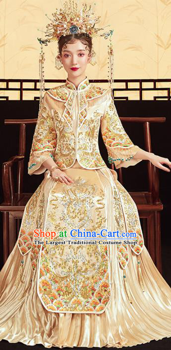 Chinese Traditional Embroidered Golden Xiuhe Suits Wedding Dress Ancient Bride Costume for Women