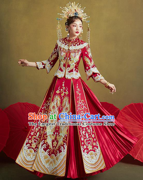 Chinese Traditional Embroidered Diamante Phoenix Red Xiuhe Suits Wedding Dress Ancient Bride Costume for Women