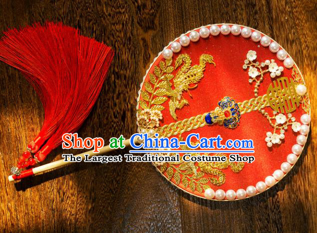 Chinese Traditional Hanfu Cloisonne Red Palace Fans Classical Wedding Round Fan for Women