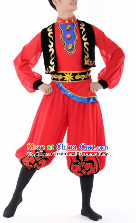 Chinese Traditional Uyghur Nationality Dance Red Clothing China Folk Dance Stage Performance Costume for Men