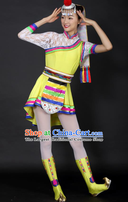 Chinese Tibetan Dance Yellow Short Dress Traditional Zang Nationality Stage Performance Costume for Women
