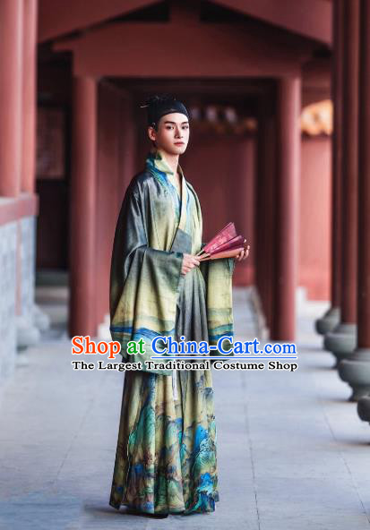 Chinese Traditional Ming Dynasty Scholar Historical Costume Ancient Taoist Green Robe for Men