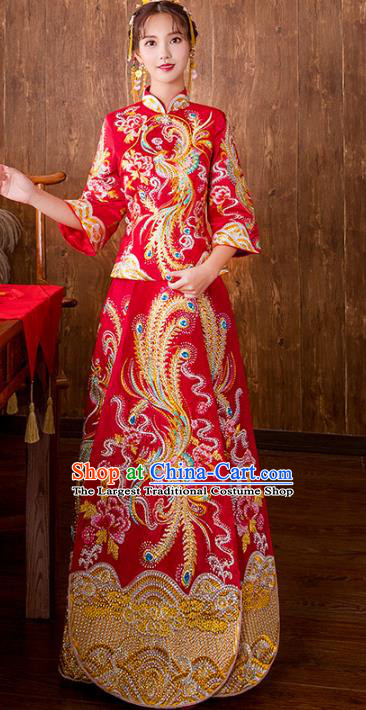 Chinese Traditional Bride Embroidered Phoenix Xiuhe Suits Red Wedding Dress Ancient Costume for Women