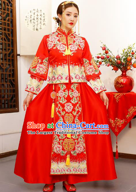 Chinese Embroidered Peony Longfeng Flown Wedding Xiuhe Suits Traditional Bride Dress Ancient Costume for Women