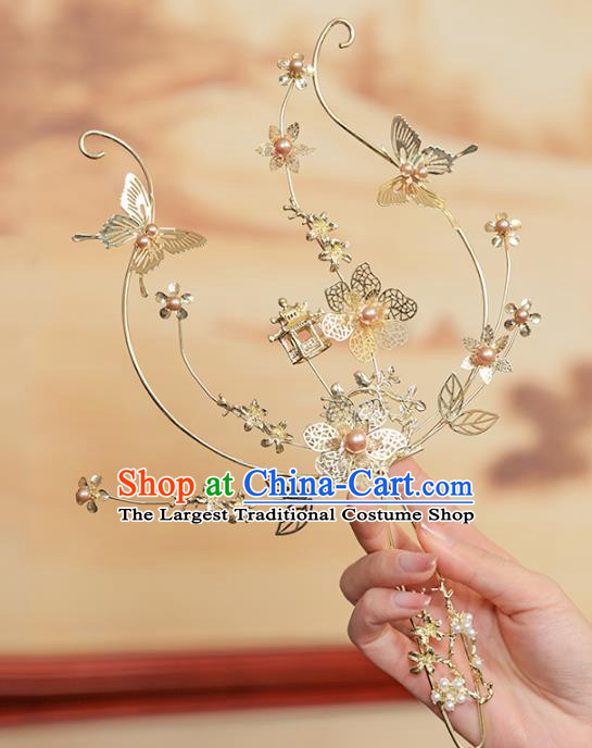 Chinese Traditional Golden Butterfly Palace Fans Handmade Classical Hanfu Wedding Fan for Women