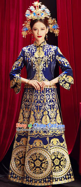 Chinese Traditional Bride Embroidered Royalblue Xiuhe Suits Wedding Dress Ancient Costume for Women