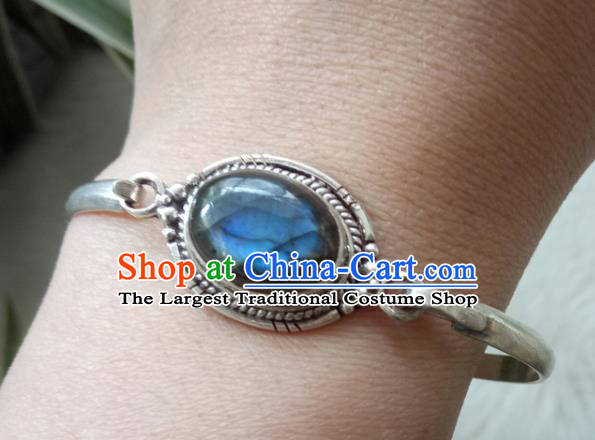 Chinese Zang Nationality 925 Silver Blue Moonstone Bracelet Handmade Traditional Tibetan Ethnic Jewelry Accessories for Women