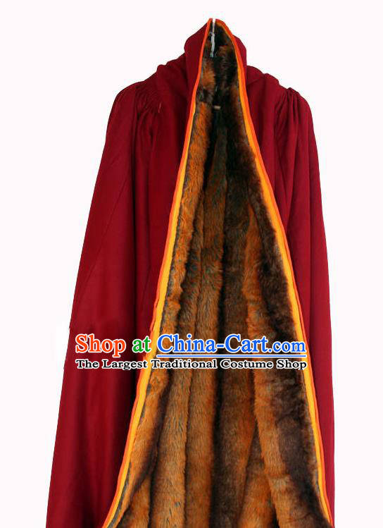 Chinese Tibetan Buddhism Winter Red Cloak Traditional Monk Cape for Men