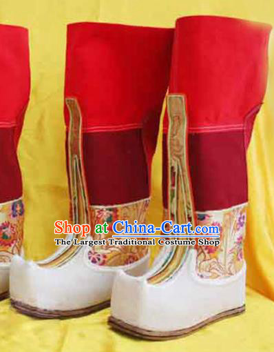 Chinese Zang Nationality Leather Red Boots Handmade Shoes Traditional Tibetan Ethnic Boots for Women