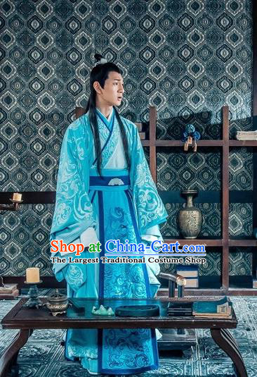 Chinese Ancient Nobility Childe Historical Drama Love is More Than A Word Blue Costume and Headpiece for Men