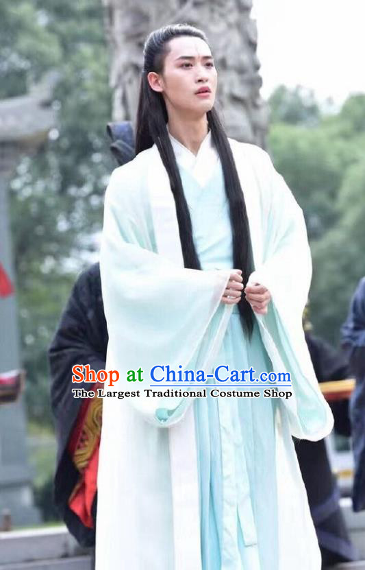 Chinese Ancient Childe Blue Clothing Historical Drama Devastating Beauty Fu Haoxi Costume and Headpiece for Men