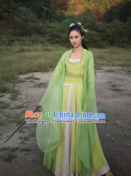 Chinese Ancient Courtesan Yu Ze Green Hanfu Dress Drama Legend of Yun Xi Costume and Headpiece for Women